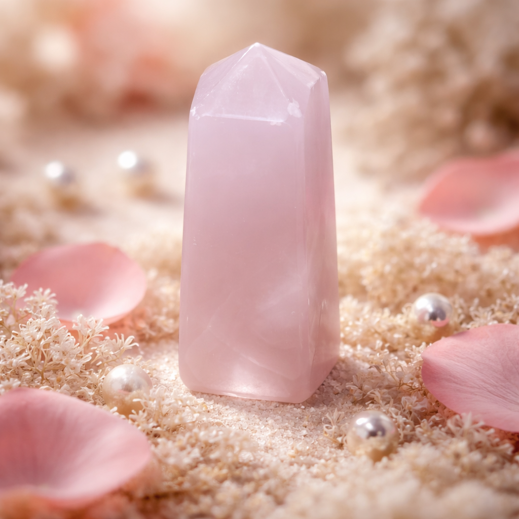 Un cristal de Calcite Rose poli de Pierres énergétiques est posé sur du sable doux, entouré de pétales de fleurs roses, de fleurs blanches séchées et de perles - une présentation sereine qui capture le doux bien-être des cristaux et des minéraux.