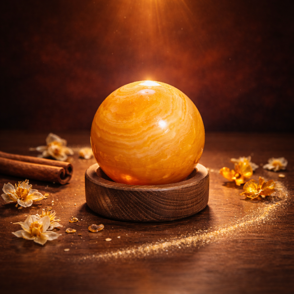 Sphère de Calcite Orange naturelle 200g de couleur orange solaire — pierre de joie et d'énergie créatrice en lithothérapie