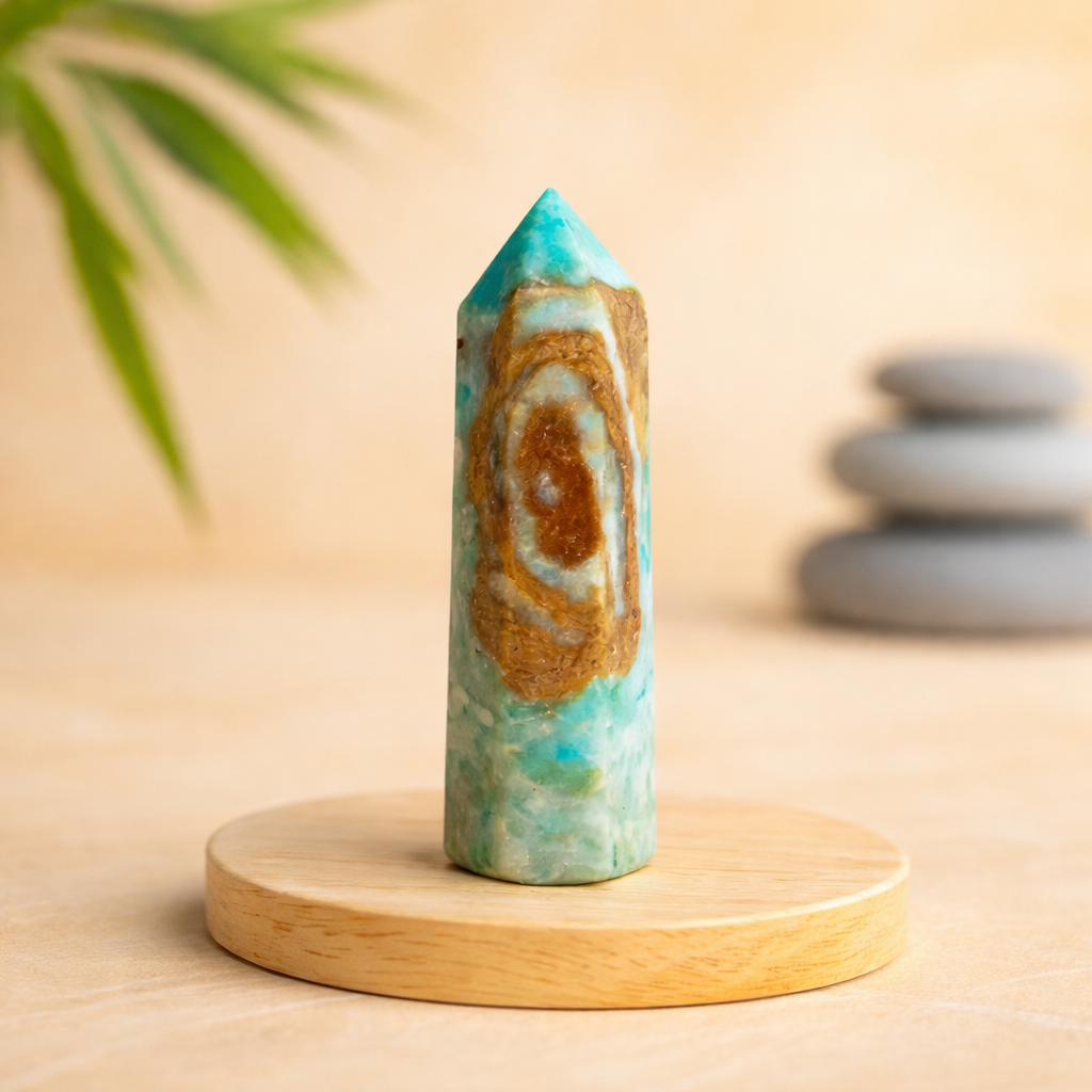 La pointe de cristal Aragonite Bleue de Pierres énergétiques est posée sur un socle rond en bois. Sur un fond beige doux, avec une feuille verte floue et des pierres grises empilées, elle crée un spectacle serein de bien-être minéral.