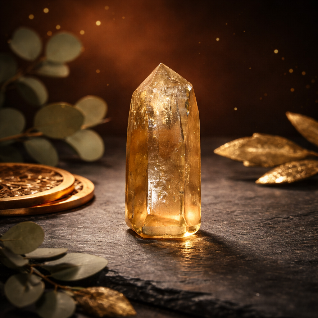 Tour de Citrine naturelle 100g aux reflets dorés miel, taillée en pointe à six faces