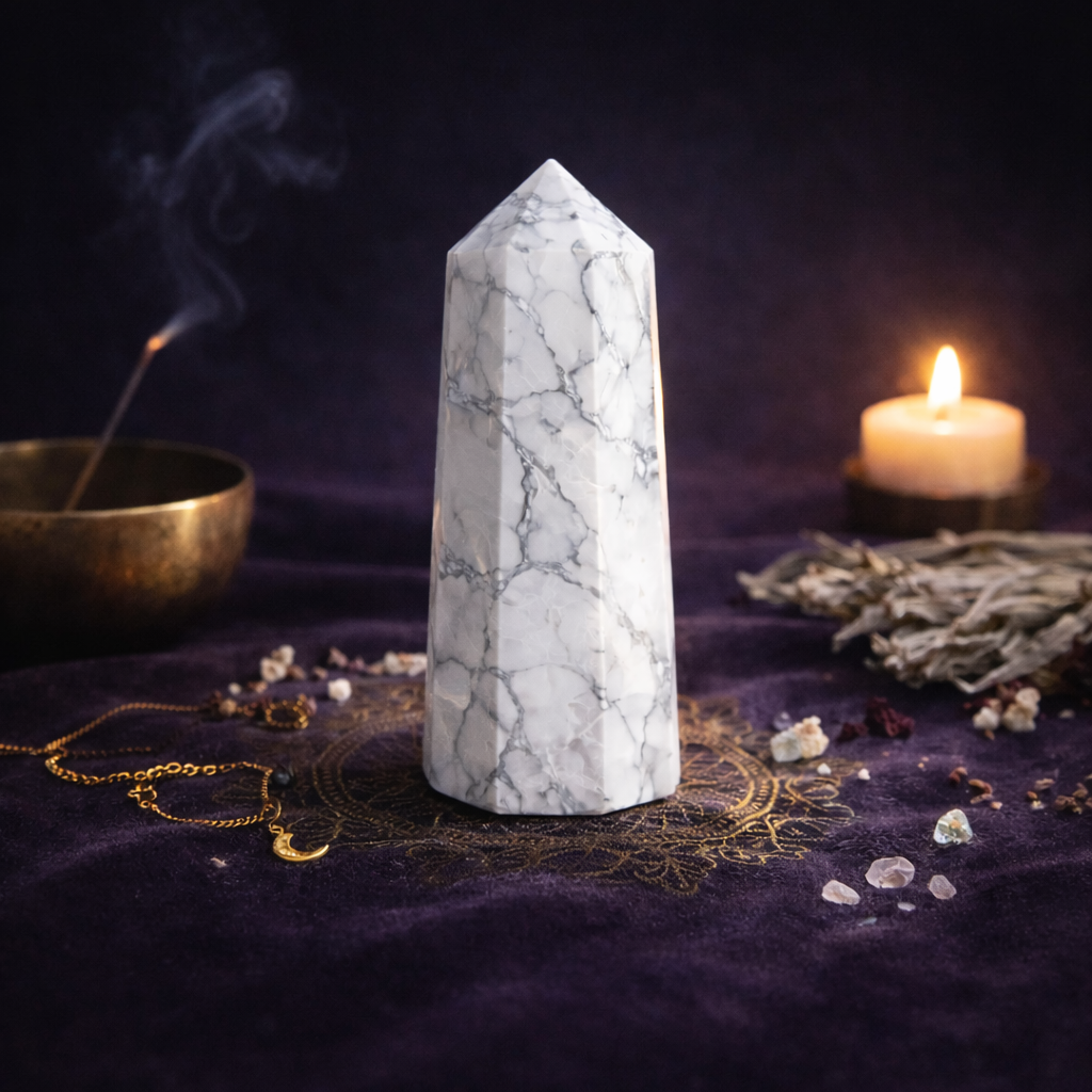 Tour de Howlite naturelle 85g taillée en obélisque, blanche veinée de gris