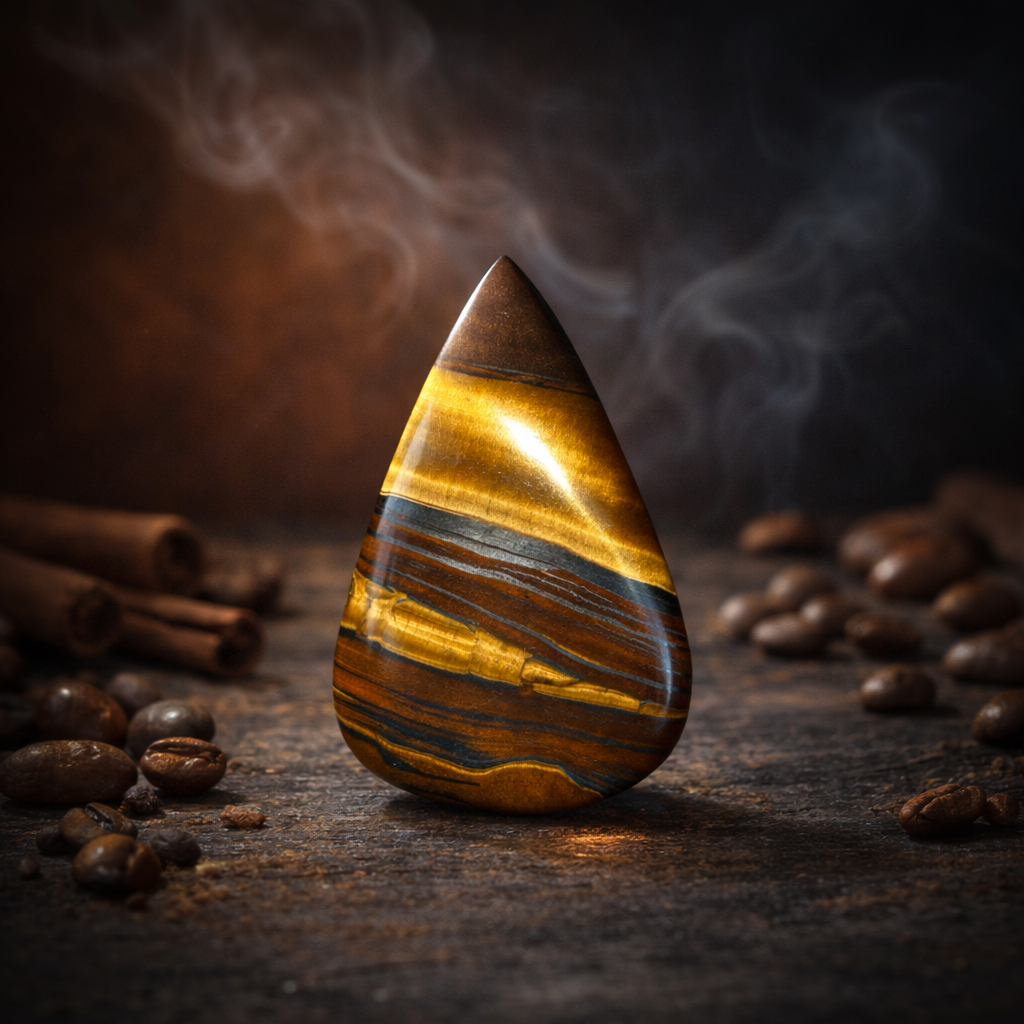 Une pierre précieuse Oeil de tigre de Pierres énergétiques se dresse sur une surface rustique, entourée de grains de café et de bâtons de cannelle, avec des volutes de fumée s'élevant en arrière-plan.