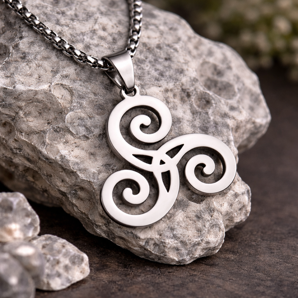 Collier Triskel Celtique 15g avec pendentif aux trois spirales entrelacées, symbole sacré de protection