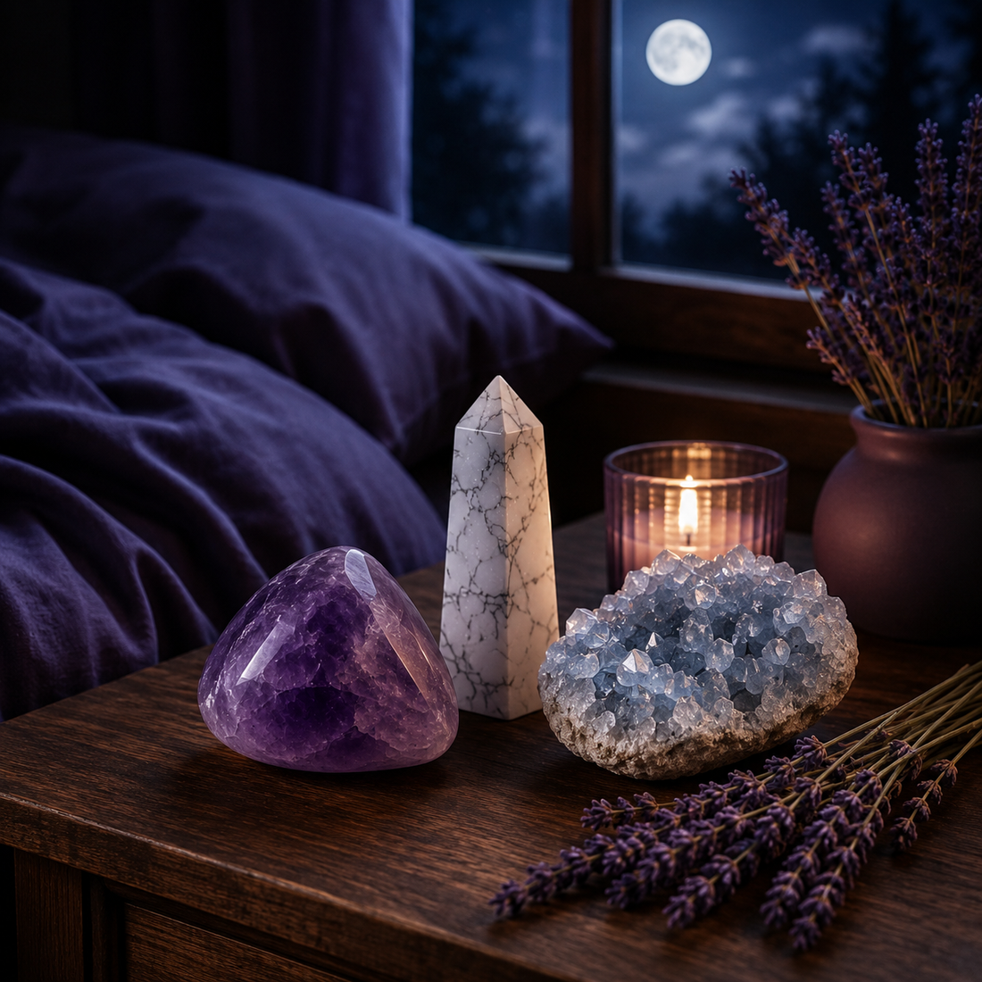 Pierres naturelles pour dormir — améthyste, howlite et lépidolite sur une table de nuit