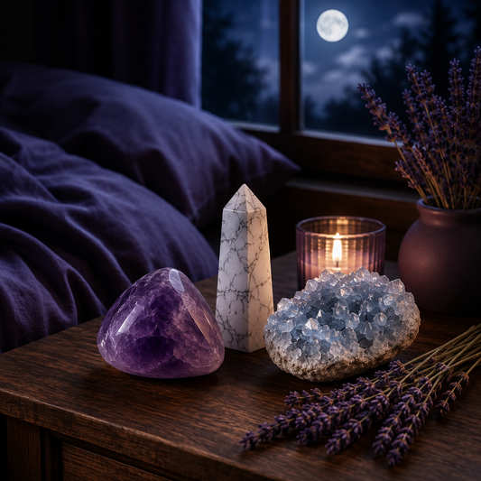 Pierres naturelles pour dormir — améthyste, howlite et lépidolite sur une table de nuit