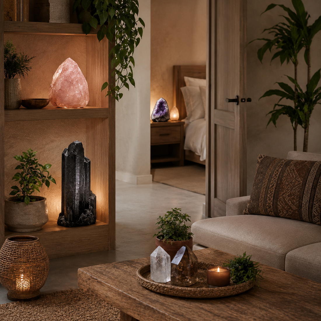 Pierres de protection pour la maison — tourmaline noire, quartz rose et améthyste dans un intérieur cosy