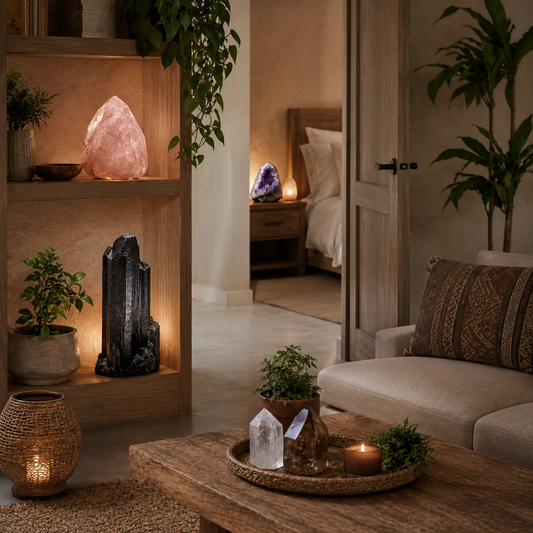 Pierres de protection pour la maison — tourmaline noire, quartz rose et améthyste dans un intérieur cosy