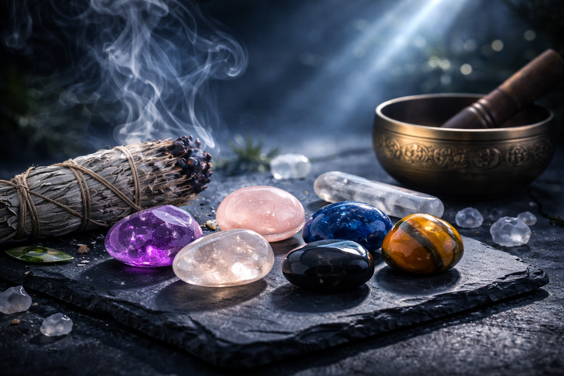 Purification de pierres naturelles avec sauge blanche, eau et lumière lunaire