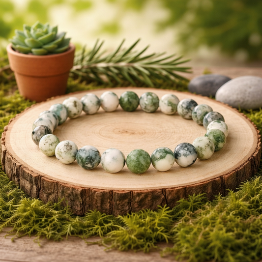 Bracelet en Agate Arbre naturelle 25g aux perles blanc crème et vert mousse