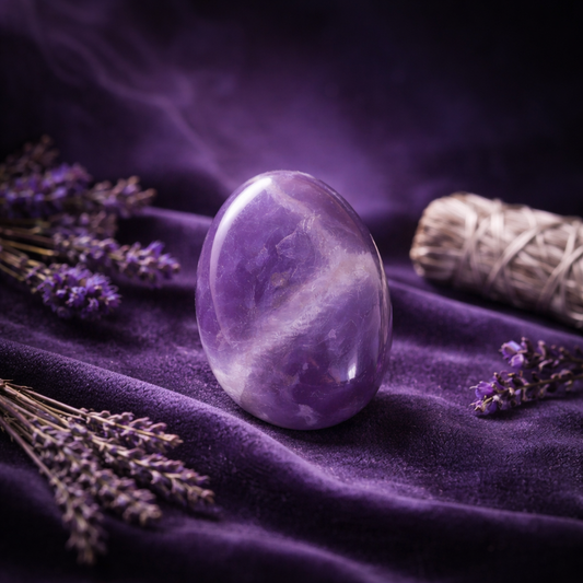 L'œuf en cristal Améthyste de Pierres énergétiques repose sur un riche velours violet, orné de lavande et de sauge séchées, créant une scène paisible et mystique inspirée par le pouvoir des pierres de guérison.