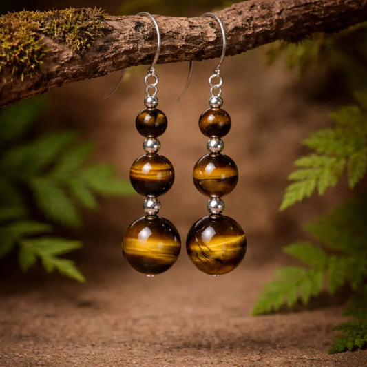 Boucles d'oreilles en Œil de Tigre naturel 5g, design cascade trois perles dorées brunes