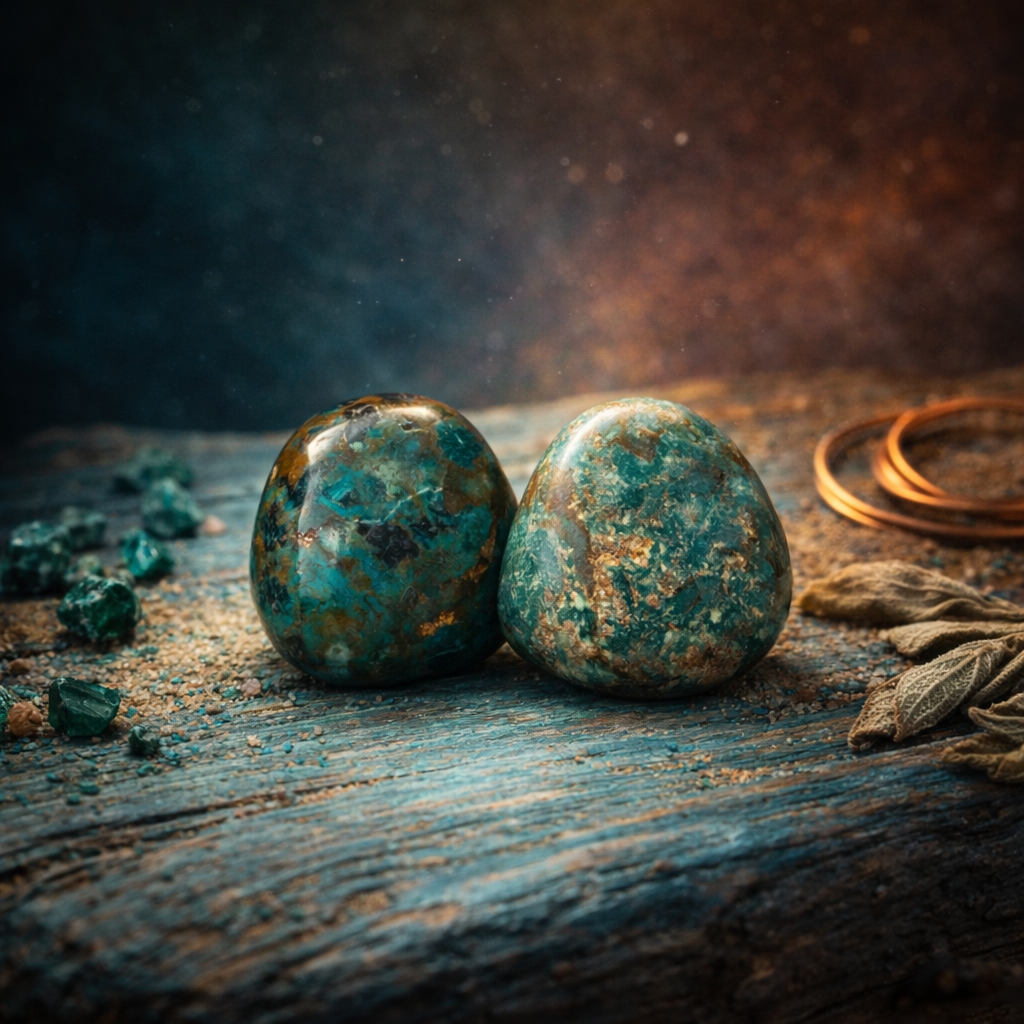 Deux pierres de chrysocolle polies de Pierres énergétiques reposent sur une surface de bois altérée, entourées de minéraux verts, de sable, de feuilles séchées et de trois anneaux de cuivre sur un fond texturé doucement éclairé.