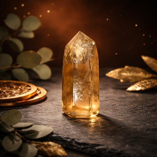 Tour de Citrine naturelle 100g aux reflets dorés miel, taillée en pointe à six faces