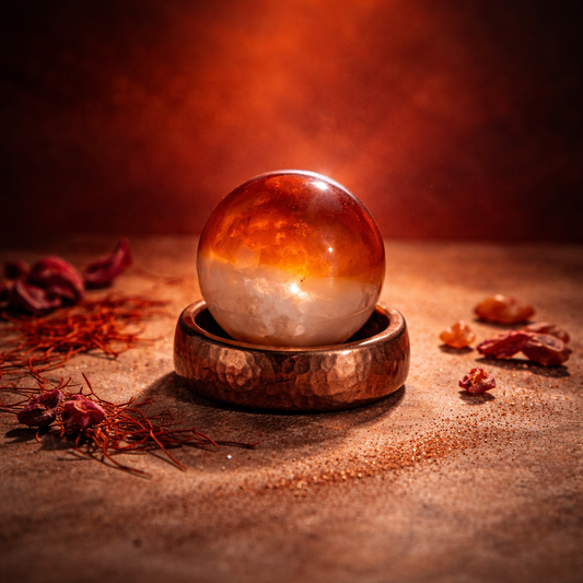 Sphère de Cornaline naturelle 45g polié de couleur orange flamboyant — pierre de créativité et de passion en lithothérapie