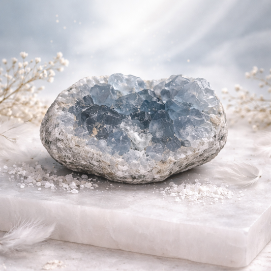 Le Cristal Celestine naturelle de Pierres énergétiques repose sur du marbre blanc, entouré de fleurs délicates, de petits cristaux et de plumes douces, créant une atmosphère sereine et éthérée pour votre bien-être.