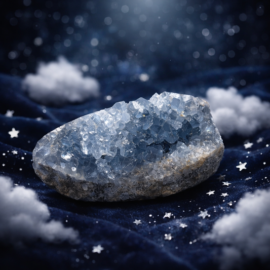 Le Cristal Celestine naturel de Pierres énergétiques est présenté sur un tissu bleu foncé avec des étoiles et des nuages blancs, évoquant un ciel nocturne de rêve - idéal pour la lithothérapie et pour augmenter votre bien-être grâce à la puissance des pierres énergétiques.