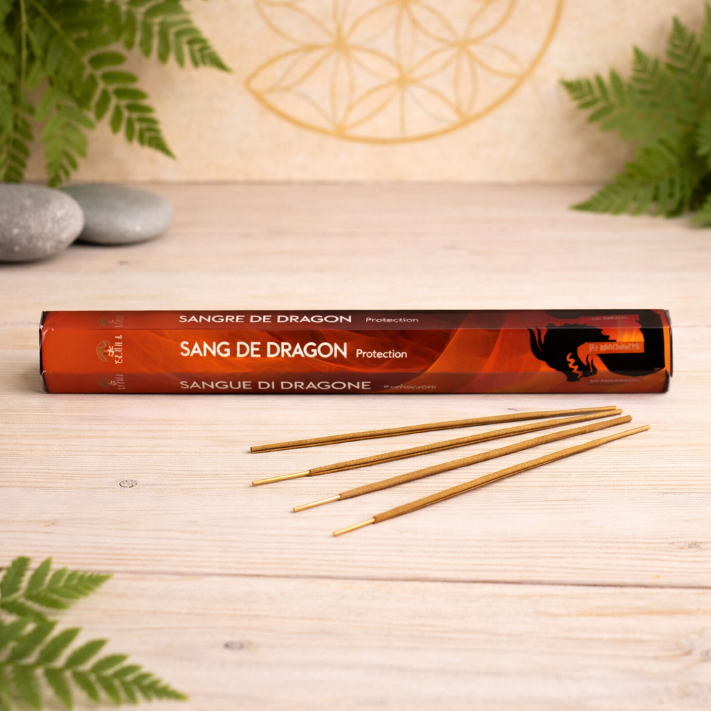 Une boîte d'Encens Sang De Dragon de Pierres énergétiques, étiquetée Protection, est posée sur une surface en bois clair avec quatre bâtonnets d'encens devant, entourés de feuilles de fougères vertes, de pierres grises lisses et d'accents inspirés de la lithothérapie.