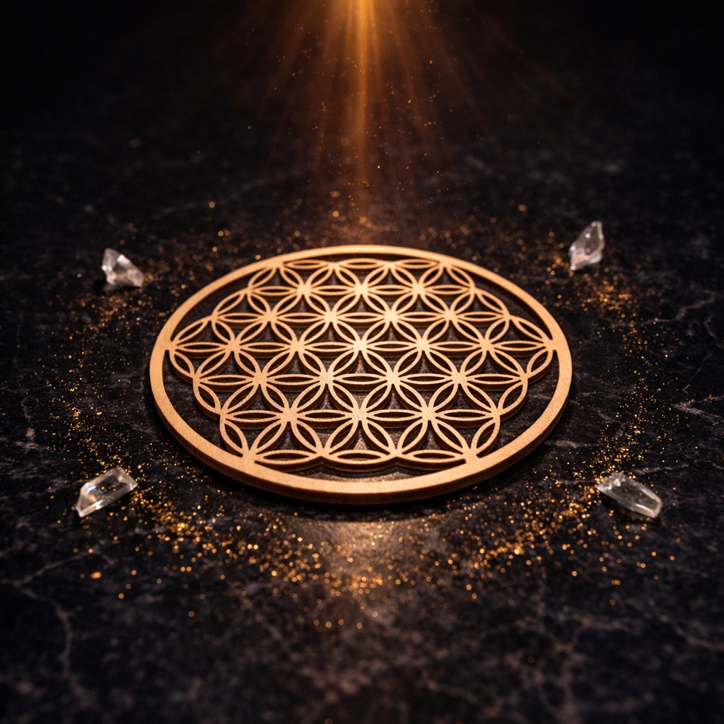 Fleur de Vie en bois naturel 10cm, symbole de géométrie sacrée pour rechargement de pierres et cristaux