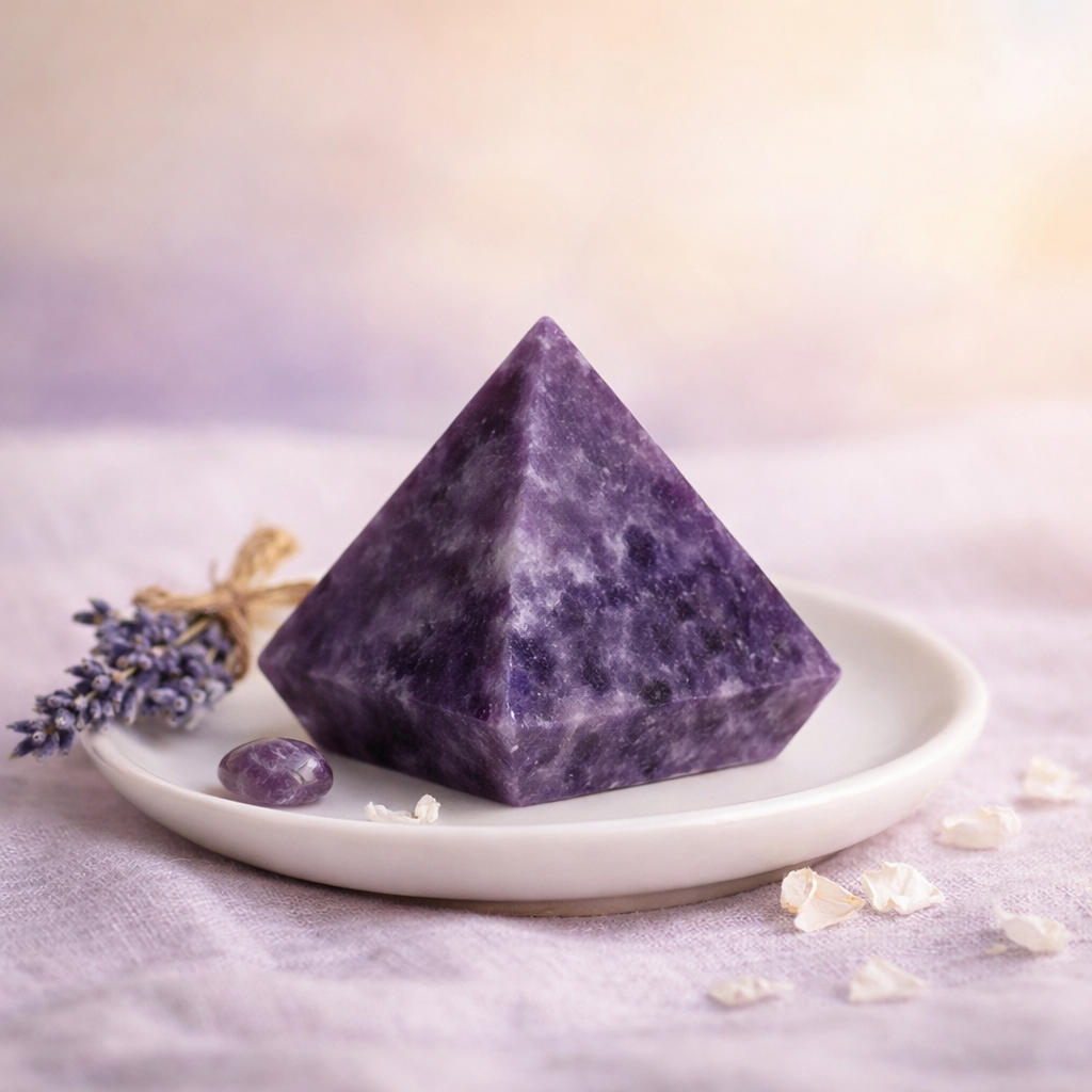 Pyramide en Lépidolite naturelle 25g aux teintes violet-mauve, sur socle bois