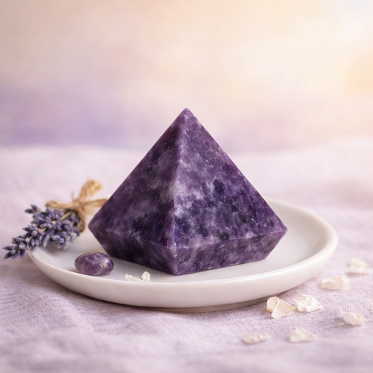 Pyramide en Lépidolite naturelle 25g aux teintes violet-mauve, sur socle bois