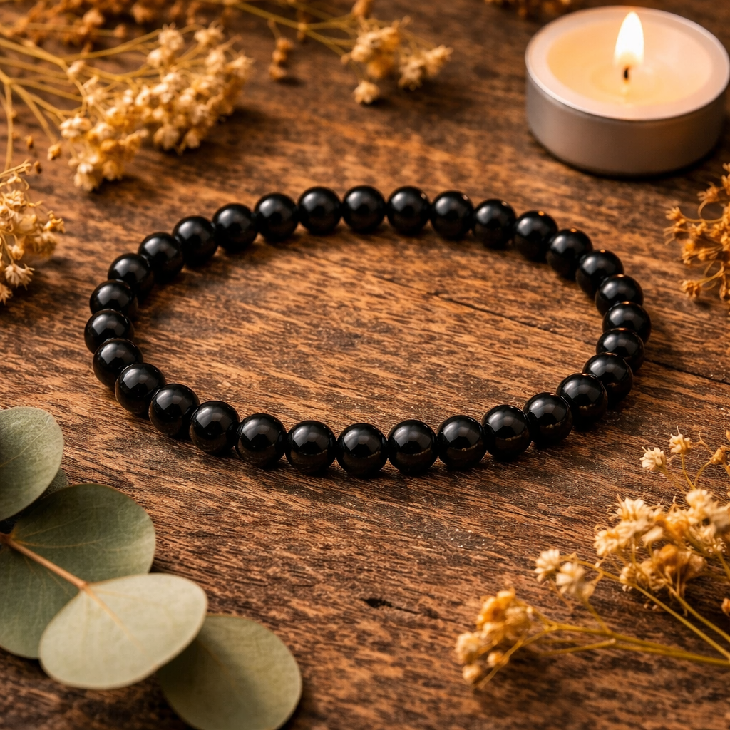 Le bracelet Obsidienne Noire de Pierres énergétiques, composé de perles noires naturelles, est posé sur du bois au milieu de fleurs séchées, de feuilles d'eucalyptus et d'une bougie à réchaud rougeoyante pour une ambiance sereine inspirée de la nature.