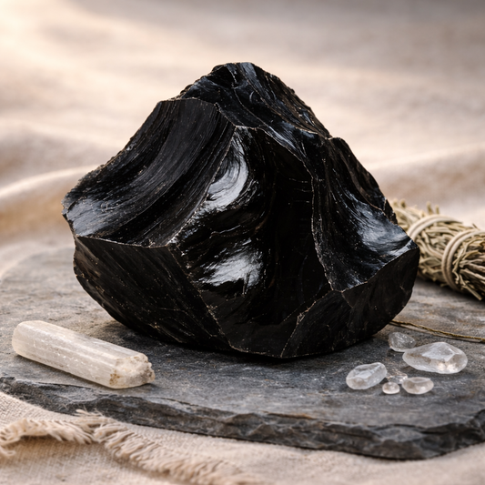 Obsidienne Noire brute naturelle 600g au noir absolu aux reflets bleutés, pierre de protection