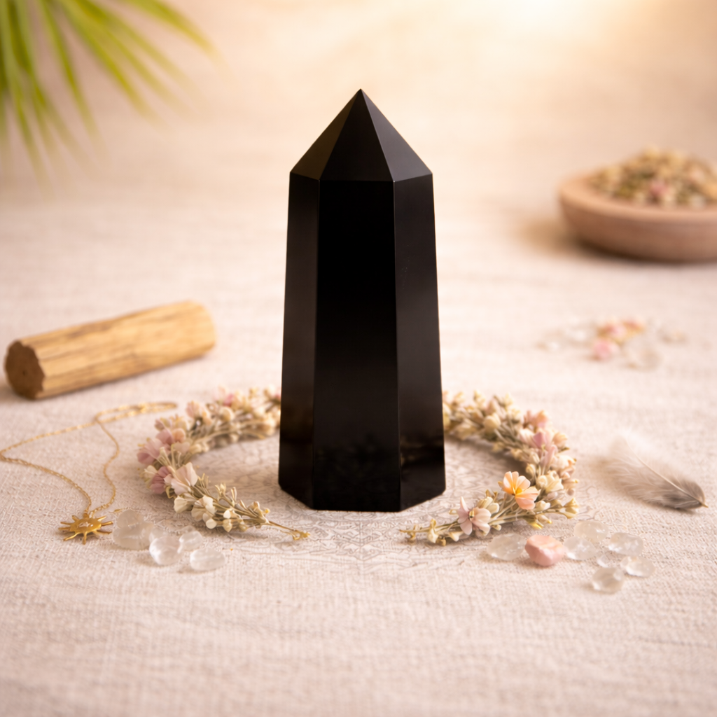 Tour Obsidienne Noire naturelle 150g taillée en obélisque — pierre de protection et d'ancrage en lithothérapie