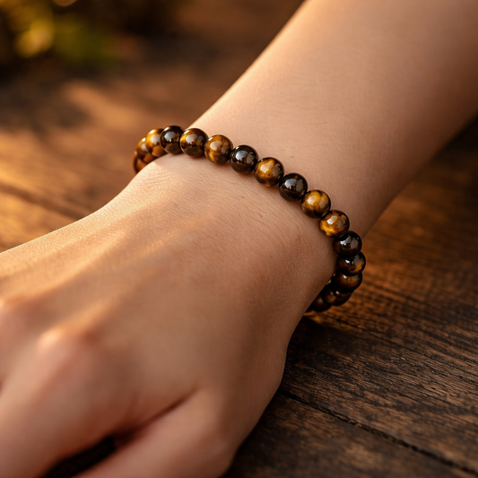 Bracelet en Œil de Tigre naturel 25g aux perles rondes dorées et brunes chatoyantes