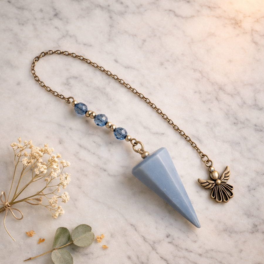 Pendule en Angélite naturelle 15g, pointe conique bleu ciel et chaîne dorée antique avec charm ange