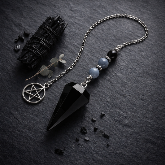 Pendule en Obsidienne Noire naturelle 10g, pointe diamant noire et chaîne argentée avec charm pentagramme