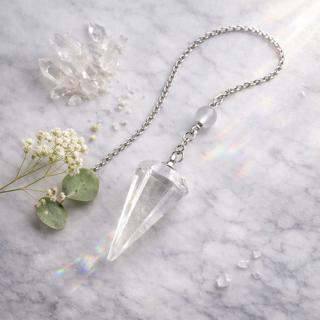 Pendule en Quartz Cristal de Roche naturel 10g, pointe diamant à facettes et chaîne argentée fine