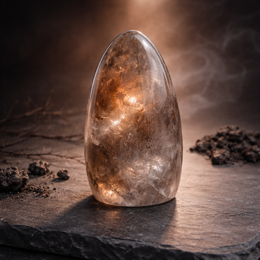 Quartz Fumé naturel poli 470g aux teintes brun-gris translucides — pierre d'ancrage et de protection en lithothérapie