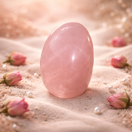 Quartz Rose naturel poli aux teintes rose pâle nacré, galet forme ovale