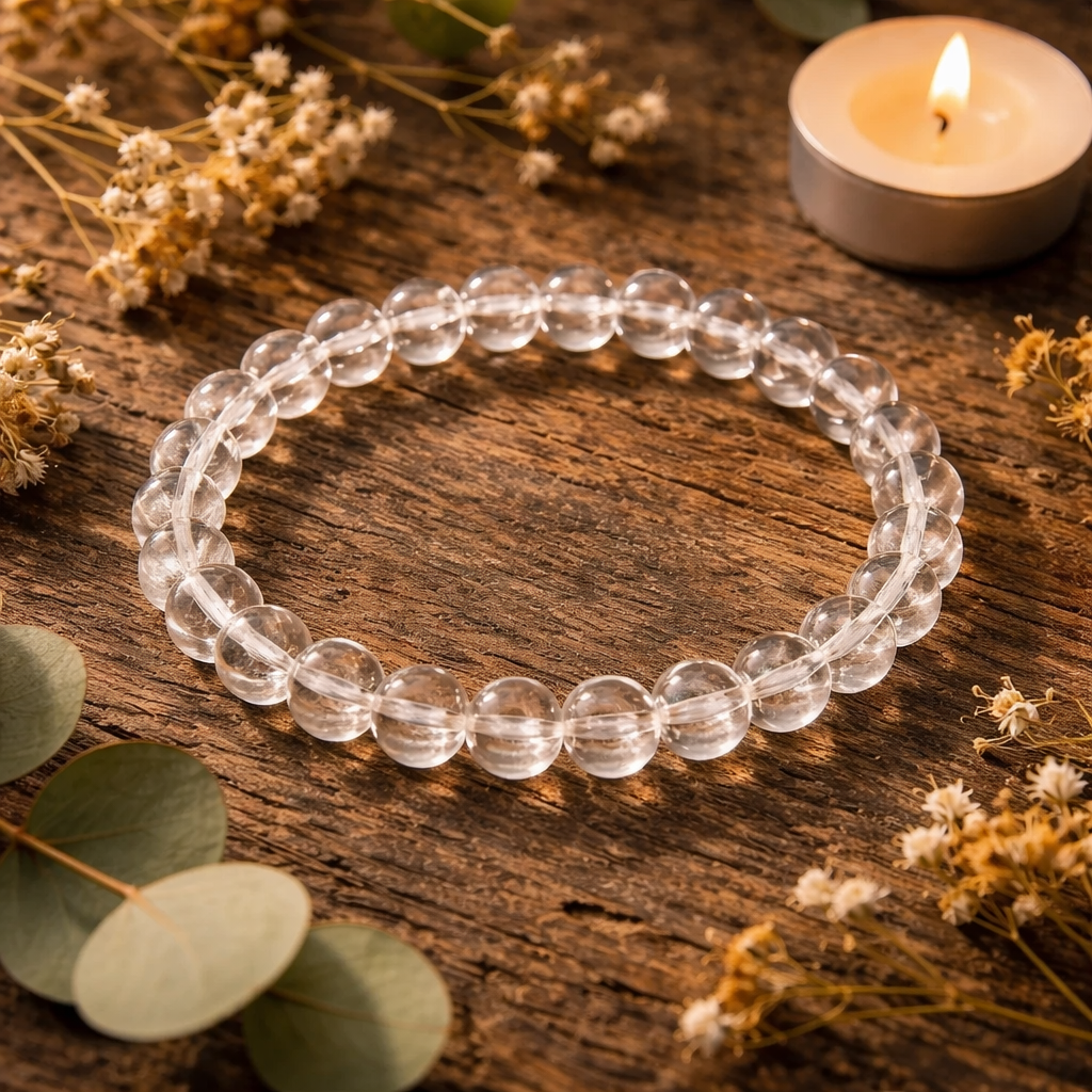 Bracelet en Quartz Cristal de Roche naturel 25g aux perles transparentes et lumineuses