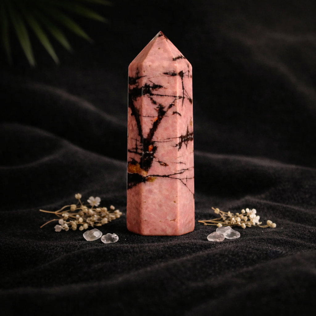 Tour de Rhodonite naturelle 95g rose intense avec filons noirs tailleé en pointe — pierre de guérison émotionnelle en lithothérapie