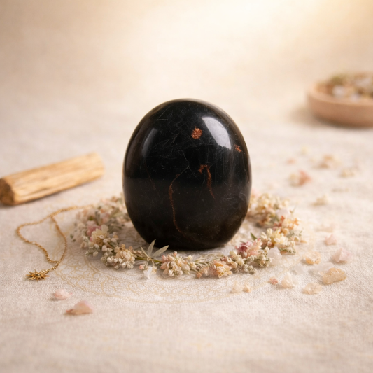Tourmaline Noire naturelle polie 270g, forme ovale noire aux inclusions rougeâtres