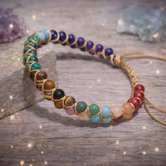 Bracelet 7 Chakras en pierres naturelles avec cordon ajustable doré