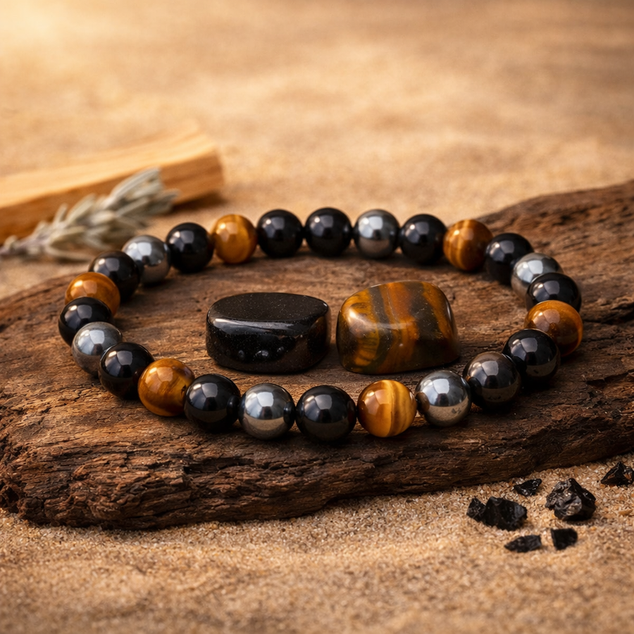 Bracelet Triple Protection 48g — Œil de Tigre, Hématite et Tourmaline Noire en perles naturelles