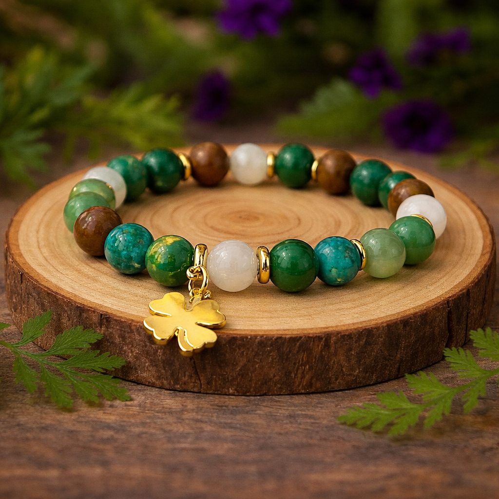 Bracelet Abondance 27g — Aventurine, Jade, Quartz et Œil de Tigre avec charm trèfle doré