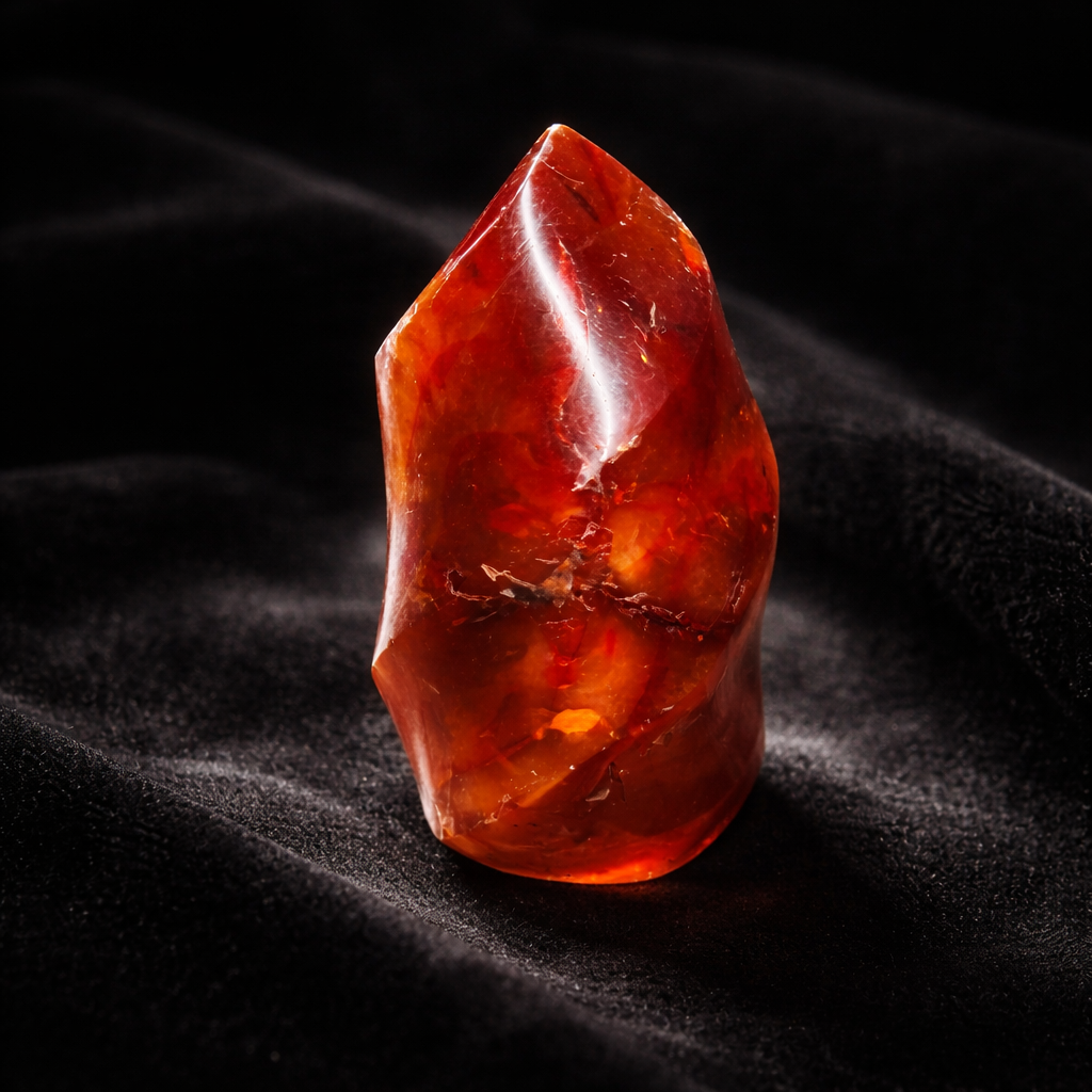 Une pierre précieuse Cornaline de Pierres énergétiques, polie et de forme irrégulière, se tient debout sur du velours noir, ses facettes rouges-orangées lisses reflétant la lumière - un exemple frappant de pierres naturelles et minérales.