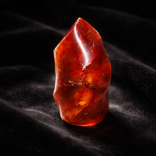 Une pierre précieuse Cornaline de Pierres énergétiques, polie et de forme irrégulière, se tient debout sur du velours noir, ses facettes rouges-orangées lisses reflétant la lumière - un exemple frappant de pierres naturelles et minérales.