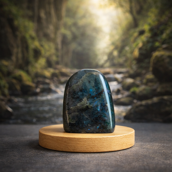 Labradorite naturelle polie aux reflets bleu électrique, forme libre