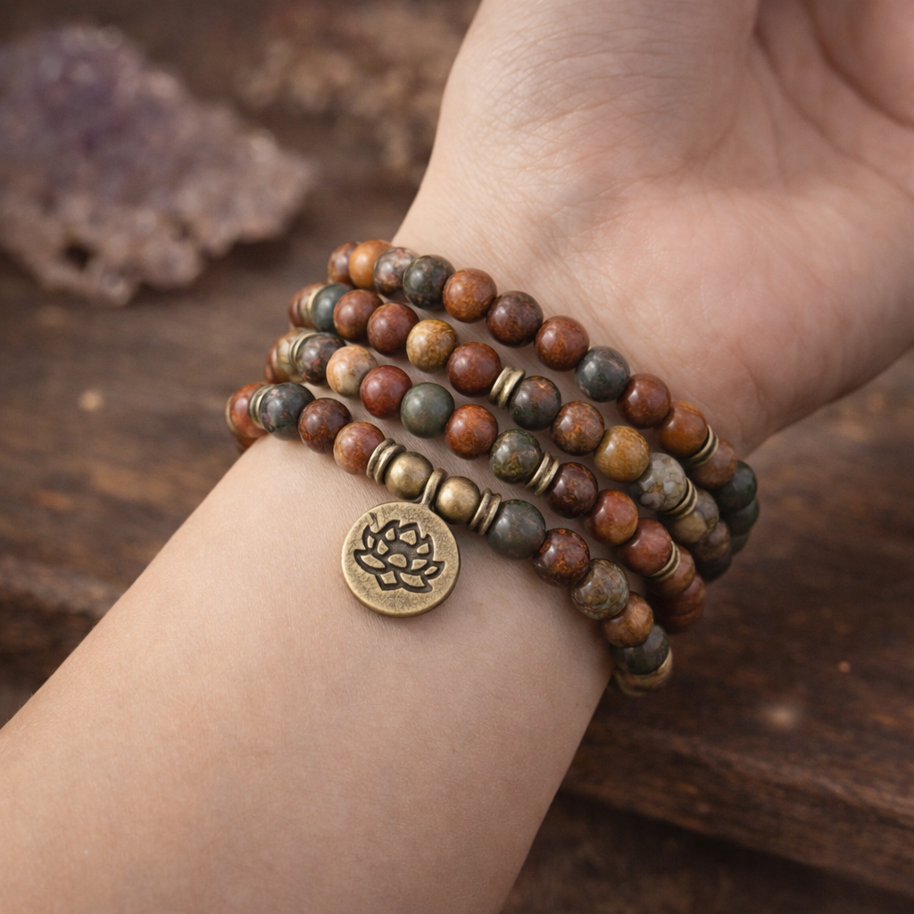 Bracelet Mala en Jaspe Picasso naturel 40g aux teintes brunes et vertes, charm fleur de lotus doré