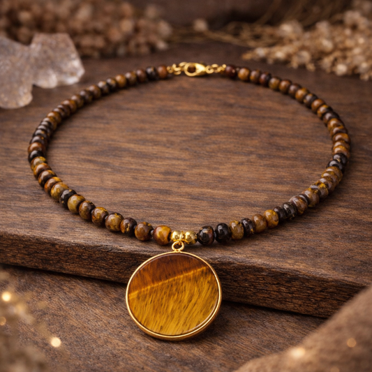 Collier en Œil de Tigre naturel 30g avec perles dorées brunes chatoyantes et pendentif rond doré