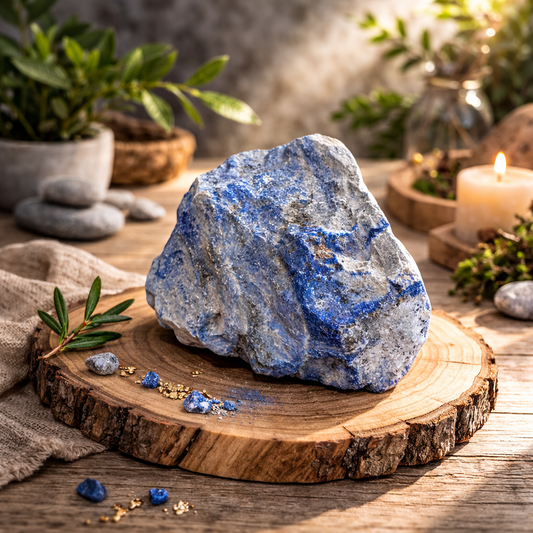 Lapis Lazuli naturel brut au bleu profond veiné de blanc et de doré, pierre de sagesse